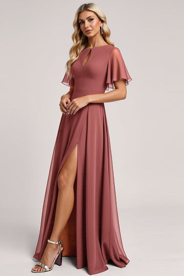 Vintage Mauve A Line Short Sleeves Chiffon Long Bridesmaid Dress with Slit